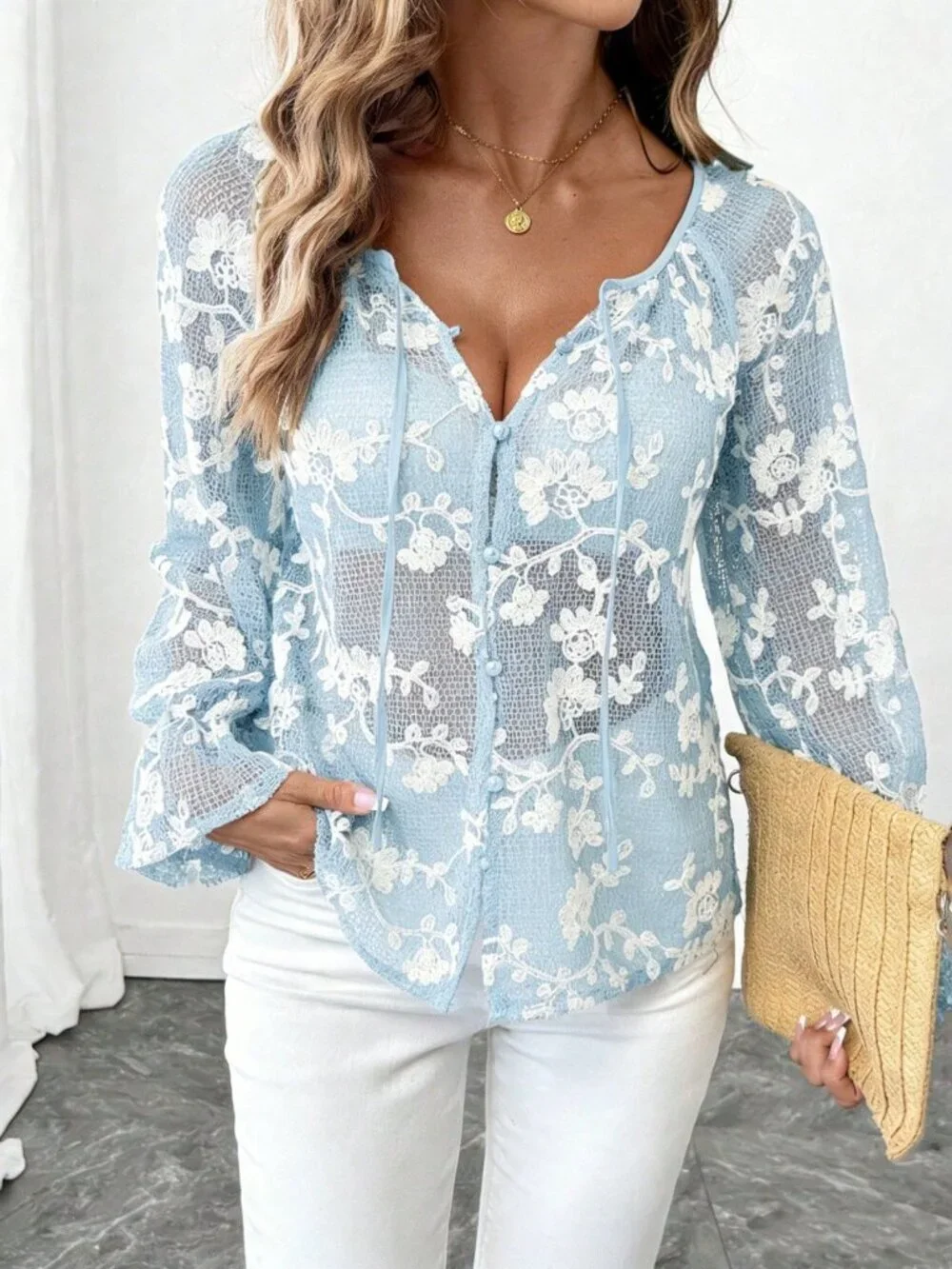 Baby Blue Casual Women's Floral Lace Long Sleeve V-Neck Blouse